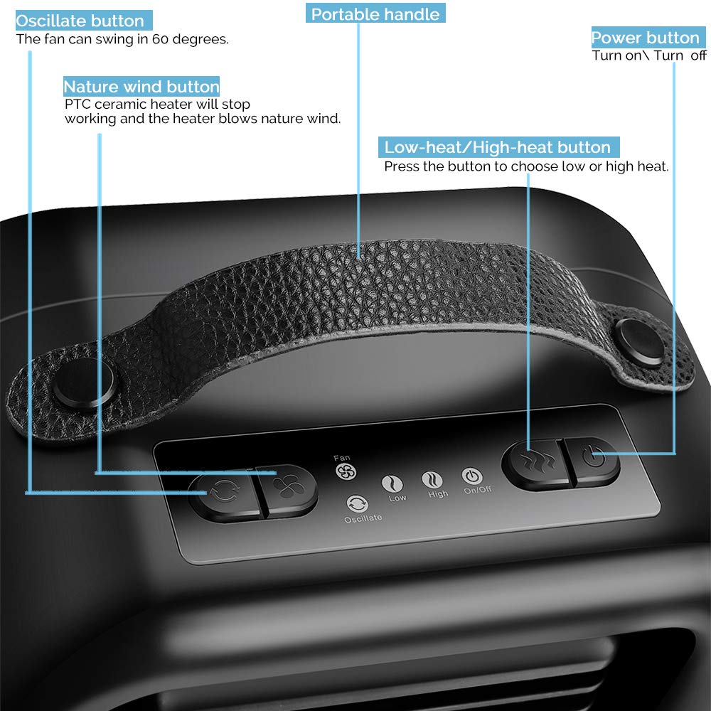 Ceramic Space Heater,VPKID Portable Warming Fan with Adjustable Thermostat & Carrying Handle,Quiet Oscillating PTC Heater with Tip-Over and Overheating Protection