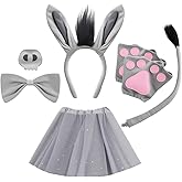 ZONESTA 7PCS Halloween Gray Donkey Animal Ear and Tail Costumes Accessories With Fluffy Skirts, Suitable for Boys and Girls on Halloween/Cosplay/Theme Parties/birthday costumes
