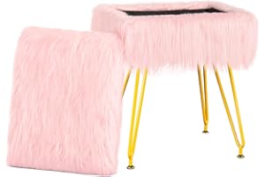 MOOWIND Vanity Stool Chair with Storage, Soft Ottoman Seat Vanity Stool with Anti-Slip Feet, Fluffy Padded Seat Multifunctional Footrest Side Table with 4 Metal Legs for Makeup, Bedroom, Pink