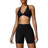 ABOCIW Workout Sets for Women Twist Front Halter Neck Sports Bra High Waist Biker Shorts 2 Piece Gym Outfits
