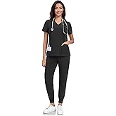 JGVIC Scrubs For Women Set -V-Neck Scrub TOP Contrast Pocket & Jogger Pants With 11 Pockets