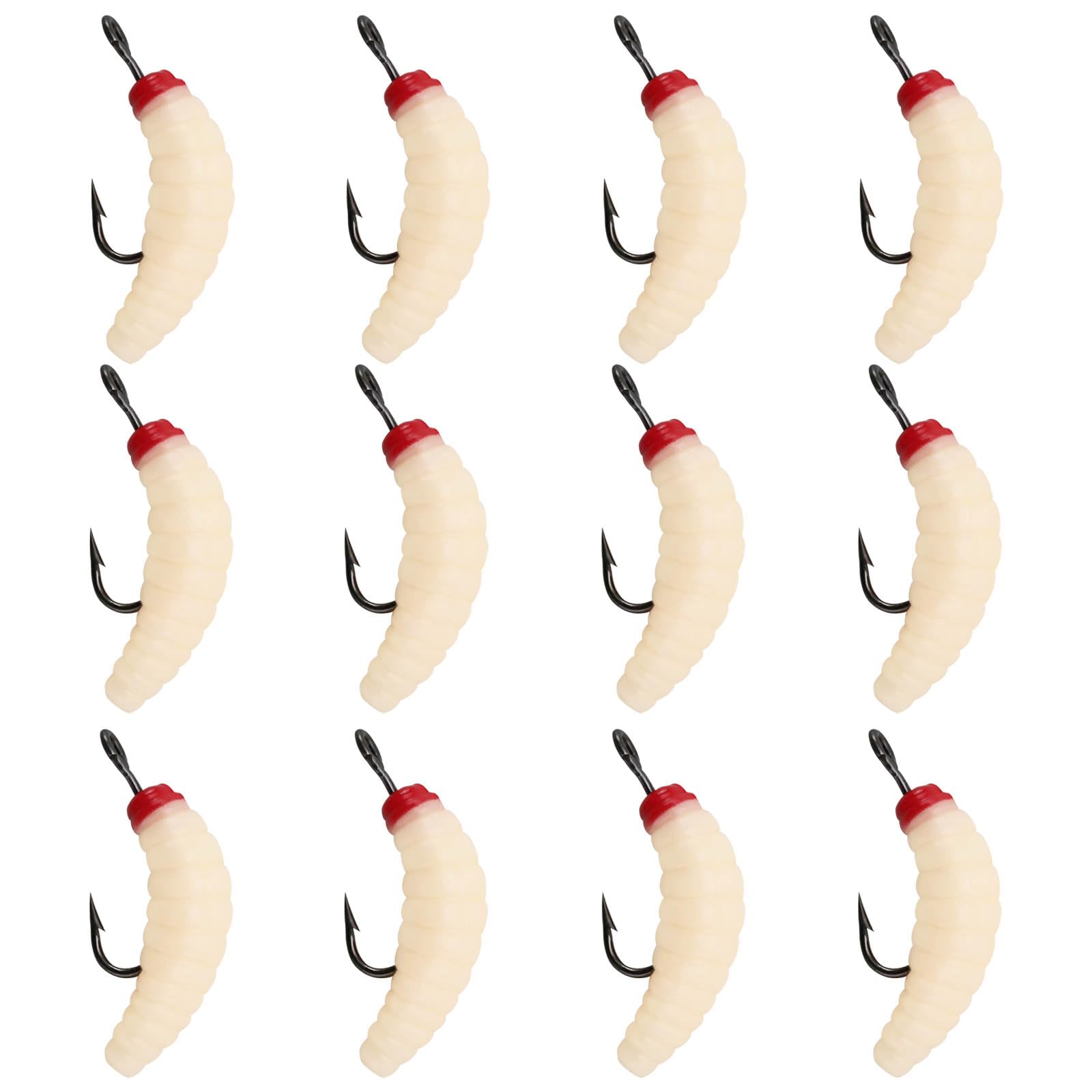 YINETTECH 12pcs Rubber Maggots Fishing Baits 20mm Rubber Bait Worms with Hook for Fishing Freshwater and Saltwater Fish Trout Crappie Pan Fish