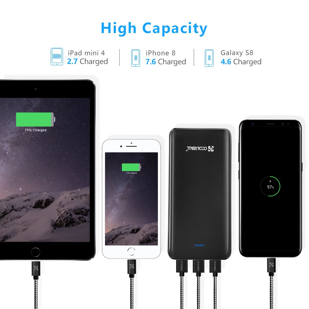 Batterie Externe 20000mAh Coolreall Power Bank 3 USB Port 4,8A Output Chargeur Portable avec LED pour iPhone, iPad, Samsung, Huawei, Tablette, etc (Noir)