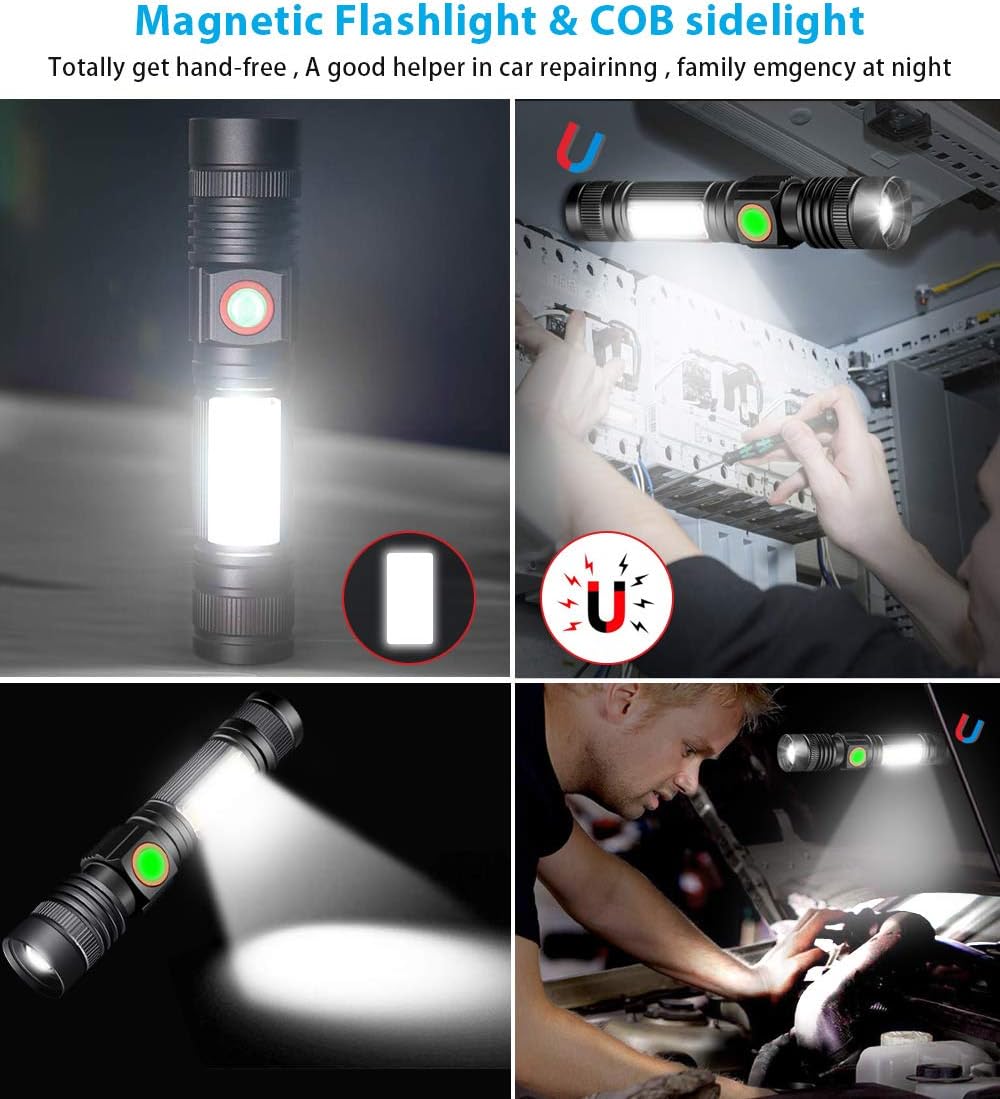 LED Flashlight Rechargeable, Tactical Flashlight Magnetic with Cob (Battery Included), Pocket-Size LED Torch with Clip, Waterproof, Zoomable, 4 Mode Flash Light for Camping, Emergency Use - - 
