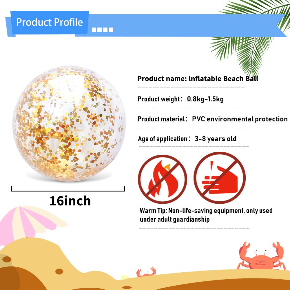 AMOR PRESENT Beach Ball, 16Inch Inflatable Glitter Swimming Pool Balls for Beach Party Favor