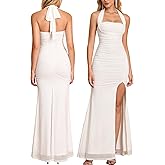 Women Bodycon Maxi Dress High Slit Halter Tie Ruched Long Formal Cocktail Wedding Guest Dresses
