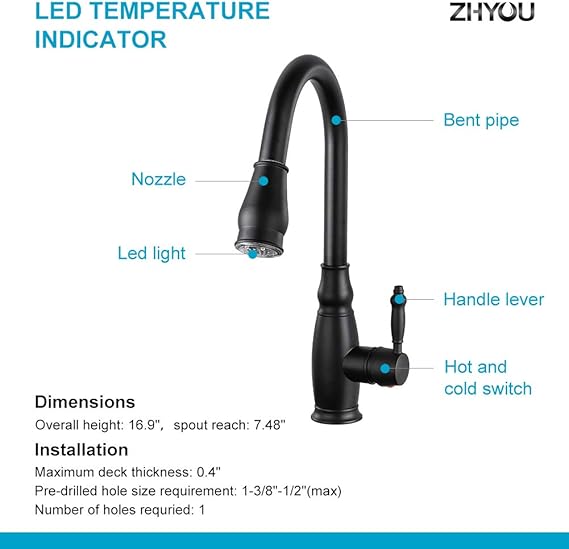 Black Kitchen Faucet With Pull Down Sprayer And Led Indicator