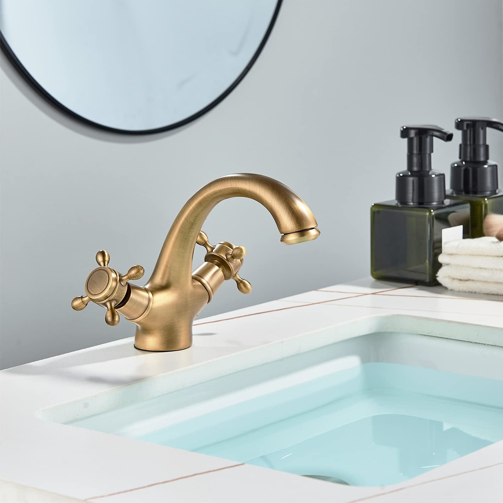 Rozin Vanity Sink Tap Deck Mounted Antique Brass Dual Cross Lever Hot and Cold Water Single Spout Faucet Bathroom Tap Traditional Basin Mixer Tap