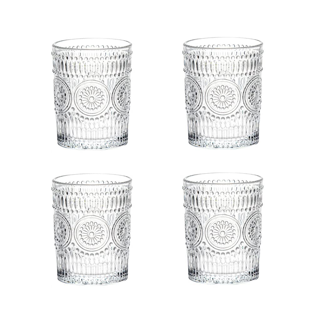 LOYUYU Set of 4, Romantic Water Glasses, 250ml Premium Drinking Glasses Tumblers, Vintage Glassware Set for Juice, Beverages, Beer, Cocktail
