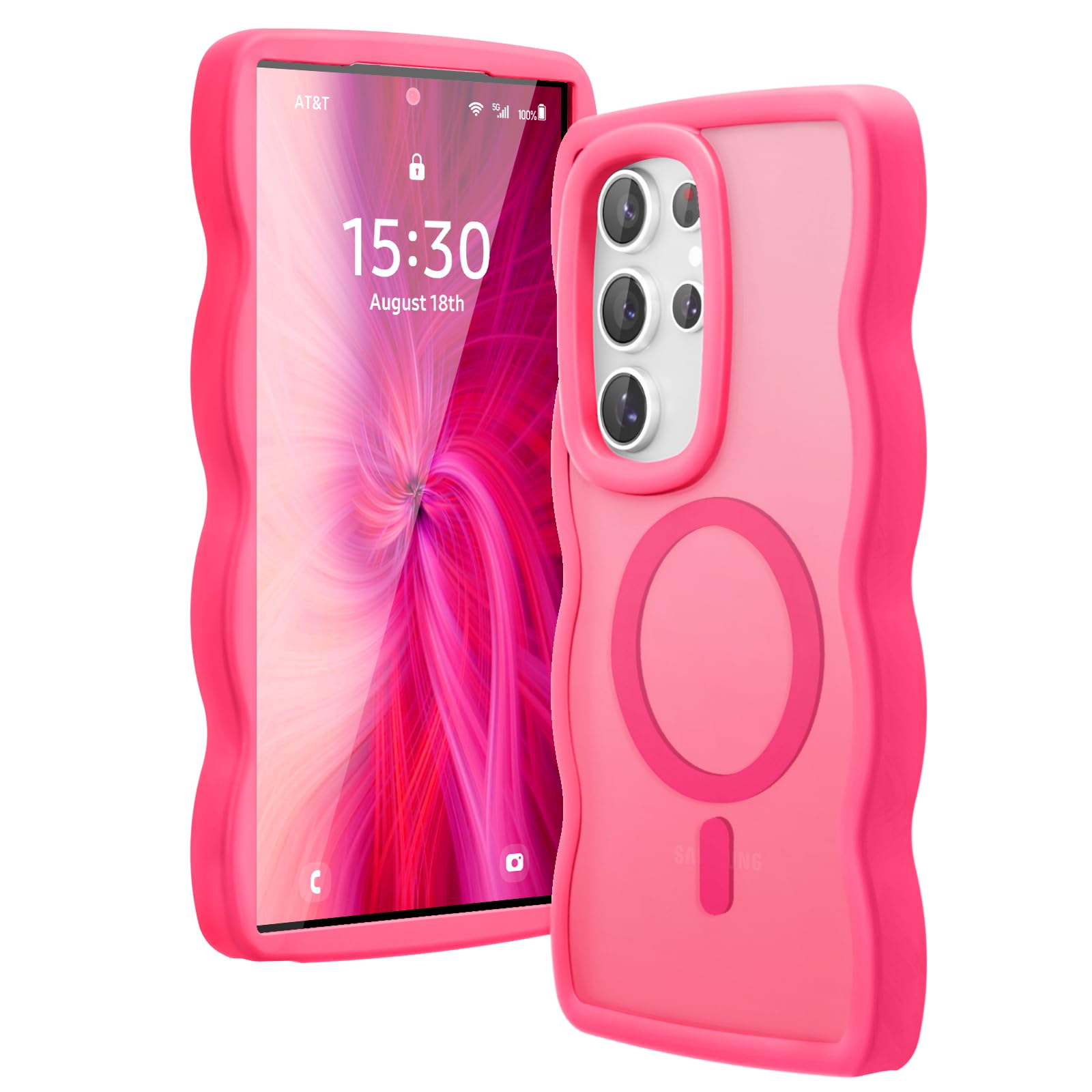 Amzfield for Samsung Galaxy S24 Ultra case Compatible with Magsafe Wavy Cute Design Magnetic Translucent Matte Hard Back Silicone Bumper Protective Phone Case for S24 Ultra Women Girls, Hot Pink