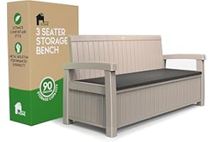 EconoHome 3 Seat Outdoor Storage Bench - 90 Gallon Capacity - Weatherproof Resin Bench for Patio, Porch, Garden, Yard, Pool Area - Furniture for Pool Accessories, Gardening Tools, Toys