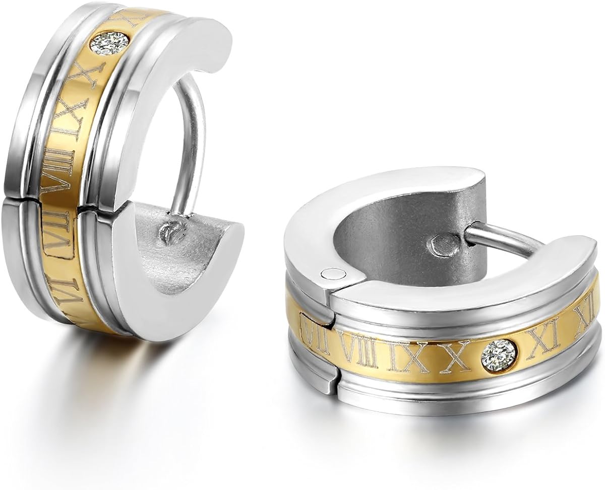 JewelryWe 3 works of Unisex Stainless Steel Roman Numbers Huggie Hinged Hoop Dangle Earrings Set, Hypoallergenic, 6pcs - Image 5
