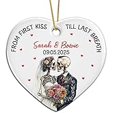 Custom Skeleton Couple Ceramic Ornament Christmas 2025, from First Kiss Till Last Breath Ornaments, Personalized Skeleton Mr & Mrs Halloween Ornament with Names Date, Wedding Gift for Bride Groom