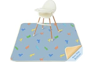 BeBeJoJo Splat Mat for Under High Chair 42 x 42 Inch Waterproof Baby Splash Mat with Non Slip Bottom Reusable Portable Highchair Mat for Floor Food Catcher for High Chair, Blue Dinosaur