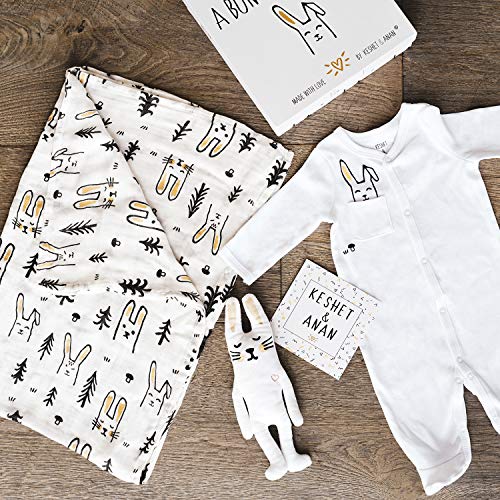 Keshet And Anan Baby Toys Throw Blanket Baby Girl Gifts Set for Newborn Bamboo Muslin Blanket 0-3 Month Romper Bunny Plush Toy