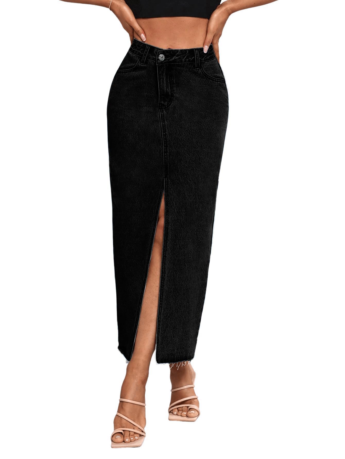 Photo 1 of Women's High Waist Stretch Maxi Denim Skirt Front Split Frayed Raw Hem A line Casual Long Jean Skirt