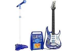 GENERIC Willbebest Kids Karaoke Microphone Guitar Musical Set Kids Electric Guitar Microphone Amplifier Set Karaoke Machine Musical Instruments Toy Electric Guitar with Microphone for Boys and Girls (Blue)