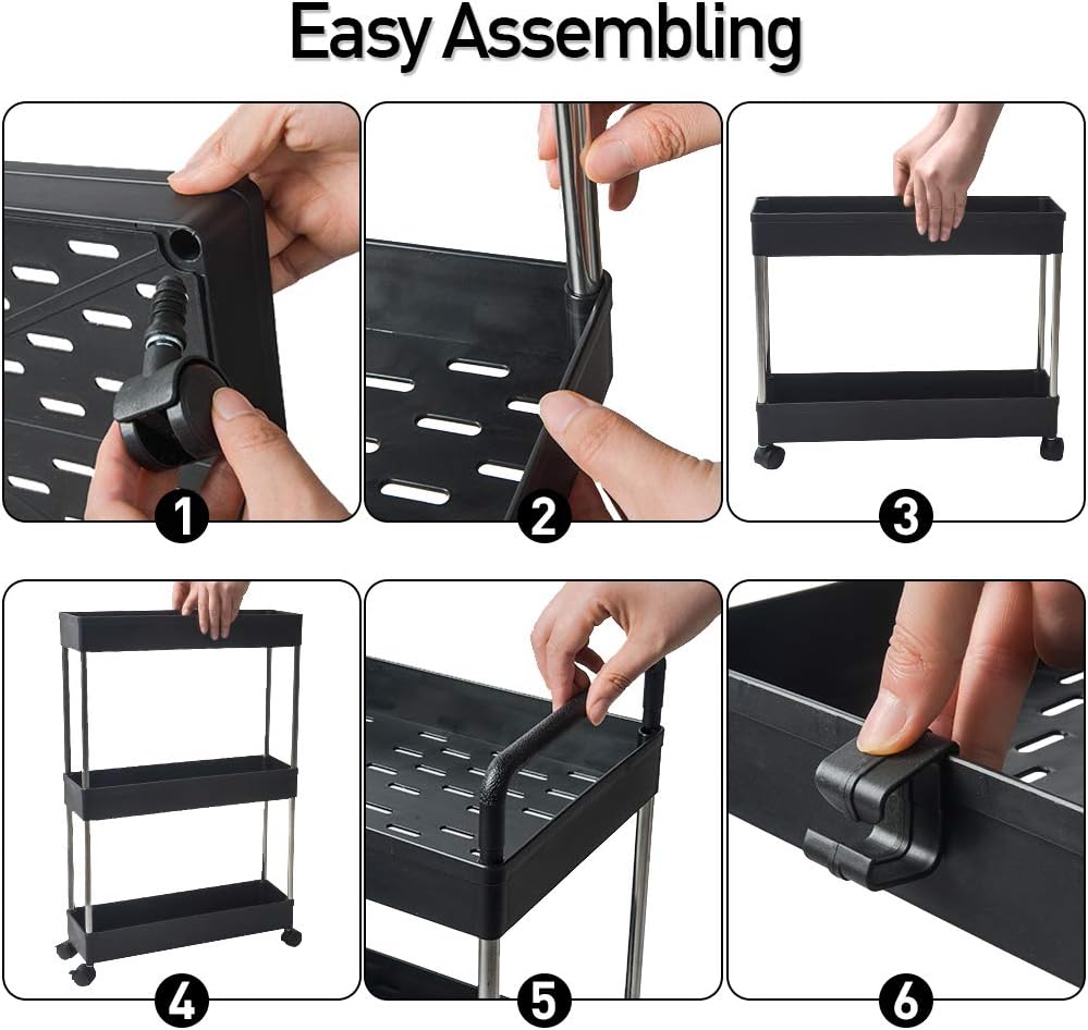 SOLEJAZZ Storage Cart 3-Tier Slim Mobile Shelving Unit Rolling Bathroom Carts with Handle for Kitchen Bathroom Laundry Room Narrow Places, Black: Kitchen & Dining