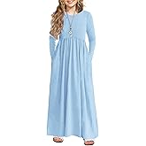 Arshiner Girls Maxi Dress Long/Short Sleeve Casual Holiday Dress with Pockets for 5-13 Years
