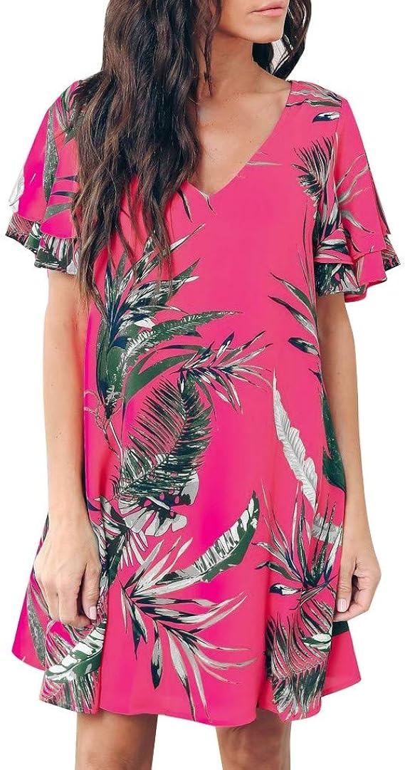 Huyb 夏 レディース ワンピース 女性用 Vネック カジュアル リーフ プリント ワンピース 夏服 旅行 お出かけ シンプル 高校生 レディース ワンピース ドレス ワンピース チュニック 通販 Amazon