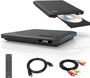 Slim Design DVD player for TV,HDMI/RCA Output,Ultra-Thin Region Free CD/DVD Player,Full HD with HDMI/AV Cables Provided,USB Input,Contain Remote Control for DVD Player,Support Playback,PAL/NTSC System