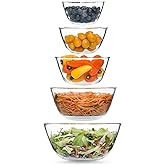 5pc Glass Mixing Bowls Sets (4.65QT, 2.80QT, 1.64QT, 1.16QT, 0.85QT), Glass Nesting Kitchen Thick Bowl for Baking, Cooking Prep, Storage, Large Salad Bowls Sets-Dishwasher Microwave Freezer Safe