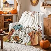 PAOPOED Fall Pumpkins Throw Blanket, Thanksgiving Autumn Maple Leaves Watercolor Blanket for Bed Sofa Travel and Camping, Super Soft Cozy Fluffy Plush Blanket for All Seasons, 50" x 60"
