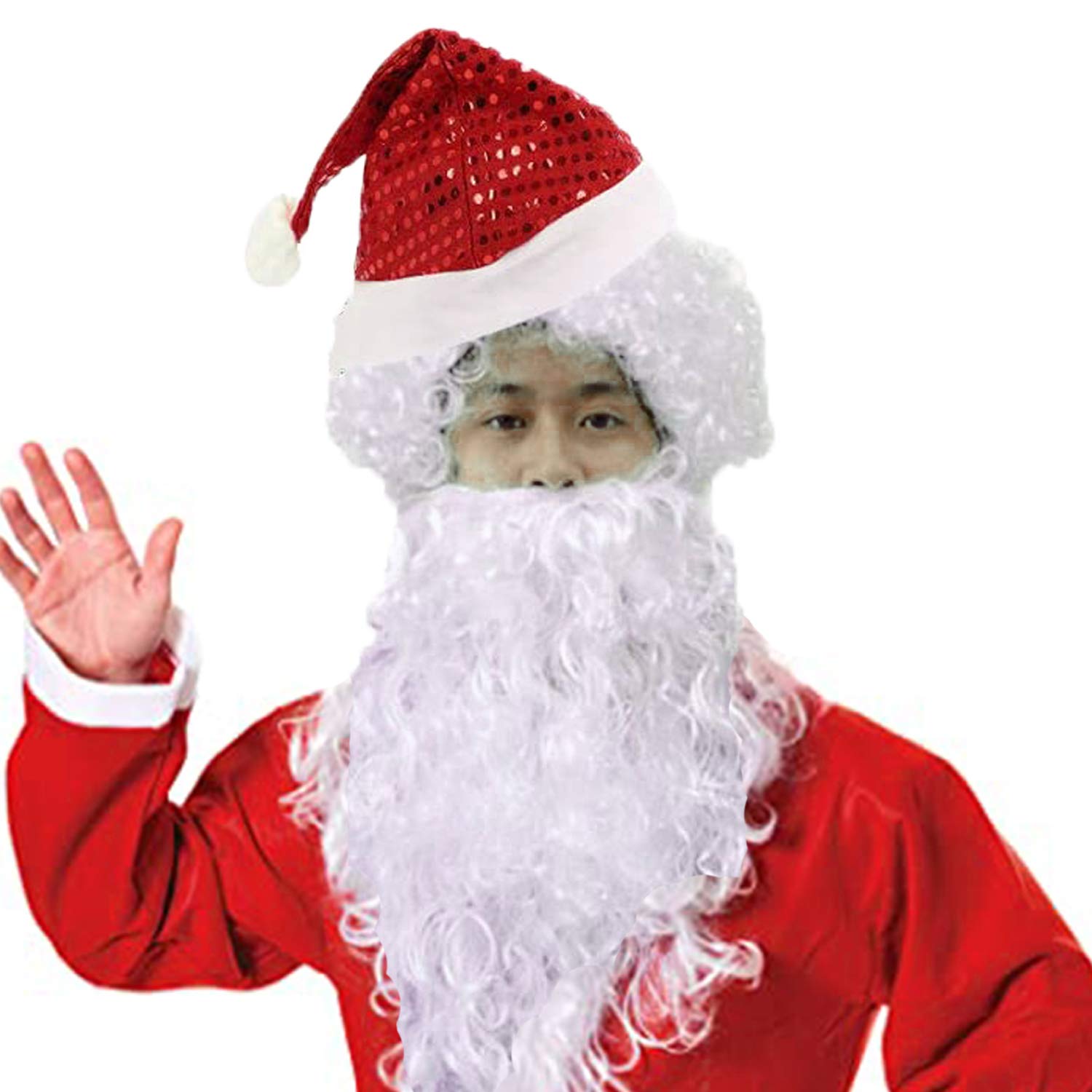 3Pcs Santa Claus Hair Wigs and Beard Set Xmas Santa Claus Hat Father Christmas Wigs and Beard Set Long Full Santa Beard Adult Size Christmas Wig Halloween Wizard Wig for Fancy Dress Costume White