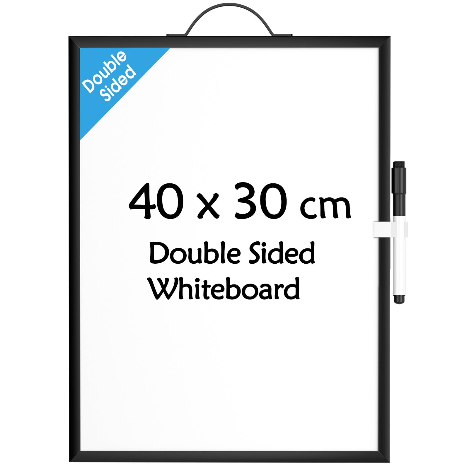 KTRIO Small White Board Dry Erase Board, 40 CM x 30 CM Double-Sided Magnetic Whiteboard for Wall, Black Aluminum Framed Hanging & Portable Whiteboard for Students, Planning, Drawing, Memo