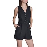 BCBG womens Sleeveless V-neck Button Front Belted Romper