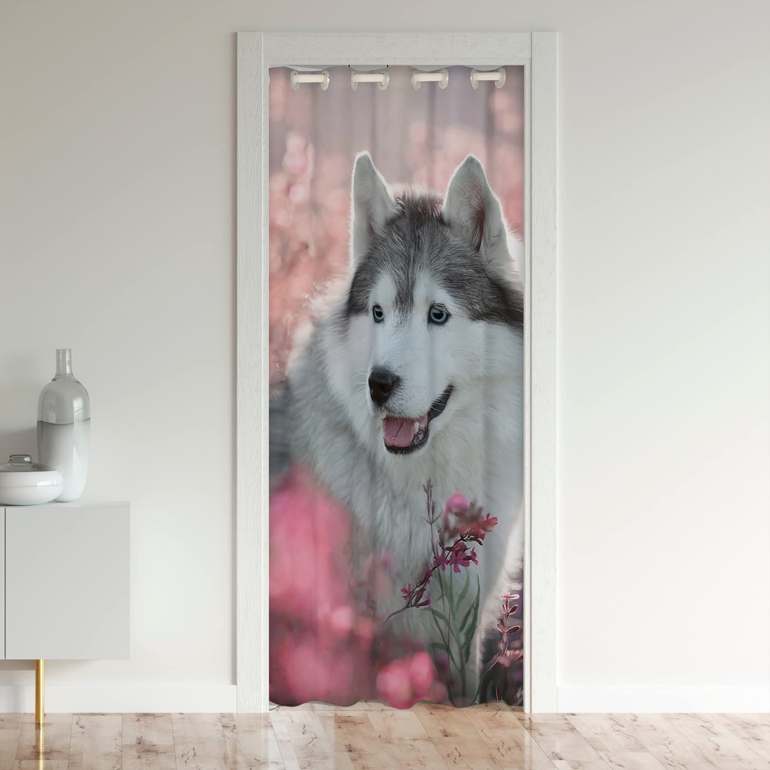 Loussiesd Dachshund Door Curtain for Doorway Privacy Siberian Husky 30%-50% Room Darkening Blackout Insulated Thermal Curtain Cute Puppy Dog Pet Grey Pink Room Divider Curtain Cover 132x203cm