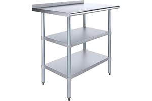 AmGood Stainless Steel Work Table with 1.5" Backsplash and 2 Shelves | Metal Kitchen Food Prep Table | NSF (36" Long x 24" Deep)