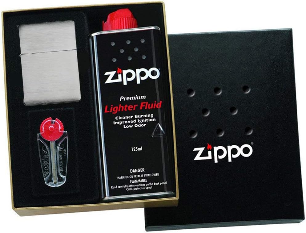 Zippo Lighter Gift Set - 1935 Brushed Chrome Engraved by Pocket Gift - presented in a Gift Box + a 6 Flint Dispenser + 4 Ounce Fuel Tin (ships separately) to give the Perfect Present