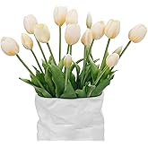 LINSIE 15 Pcs Off White Artificial Flowers Tulips Latex Plastic Soft Faux Bouquets for Party, Wedding, Home, Room, Garden Decor