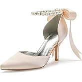 Women's Pearl White Wedding Shoes for Bride High Heels Pointed Toe Bridal Shoes Satin Prom Party Dress Pumps Sandals