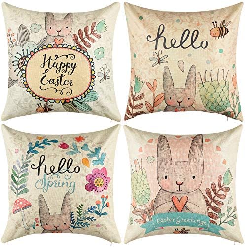 Wonder4 Easter Greeting Throw Pillow Case Rabbit&Flowers Cushion Covers Spring Home Decorative Pillow Covers 18 x 18 Inch,4 Pack (Happy Easter)