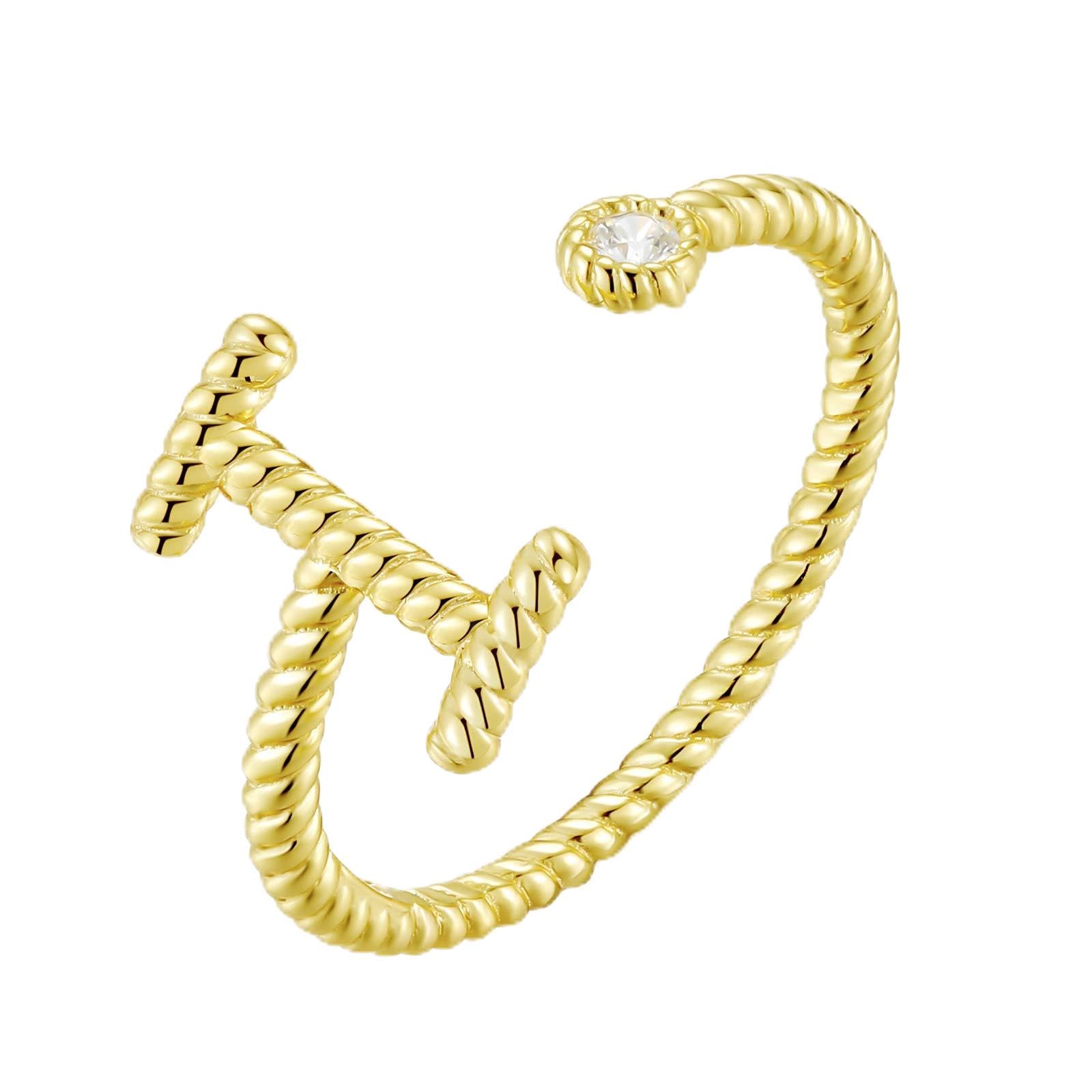 Qings 925 Sterling Silver Letter Ring, 18K Gold Plated Adjustable Ring with Cubic Zirconis Statement A-Z, Initial Alphabet Open Ring Jewellery Gift for Women Girls Ladies Birthday Wedding Engagement