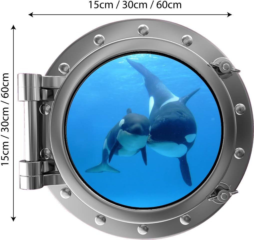 60 Second Makeover Limited Full Colour Silver Orca Whale Mother and Baby Porthole Wall Sticker Under the Sea Ocean Wall Decal - Image 3
