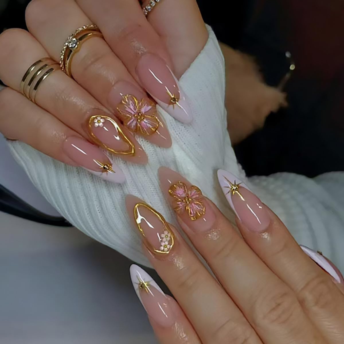 Flower Almond Press on Nails Medium Fake Nails with 3D Gold Line Floral Star Designs White French Nails Press ons Nude Pink Acrylic Nails Fall Glue on Nails Artificial Stick on Nails for Women 24Pcs