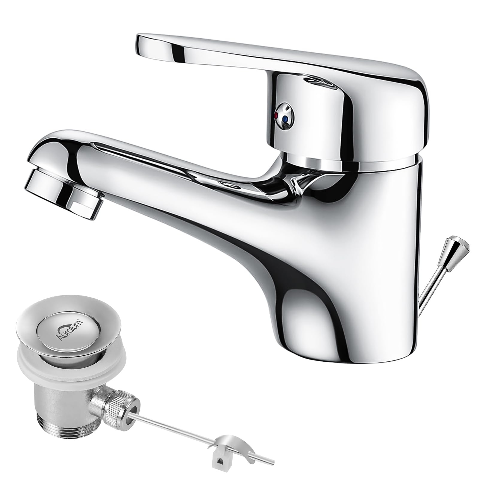 Auralum Bathroom Tap with Pull Rod, Single Lever Basin Mixer Tap with Drain Fitting, Chrome Single Lever Mixer Tap for Bathroom