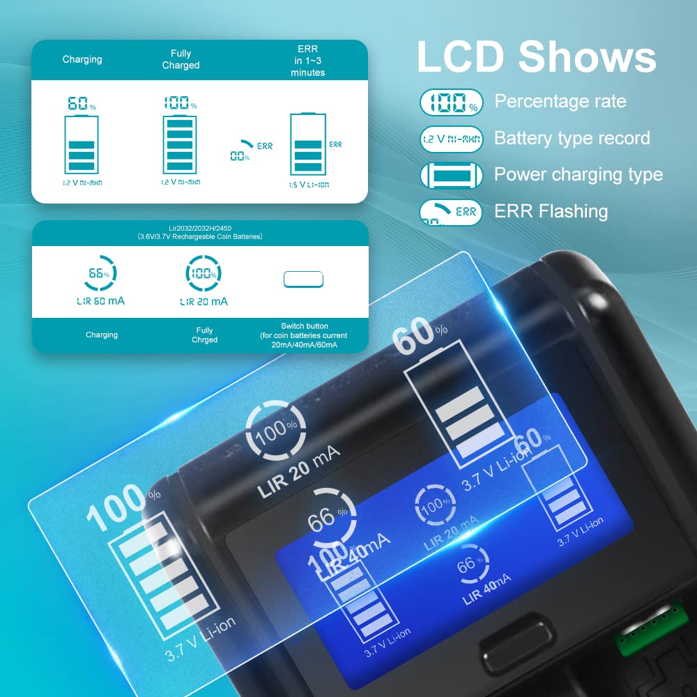 Universal Battery Charger Smart Charging All Types of Lithium Ion Batteries Flashlight Battery 18500 18350 16650 17500 10440 AA AAA C /1.5V/1.2V Coin Cell (Batteries Not Included)