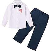 IDOPIP Boys Valentine’s Day Outfit Rose Heart Print Shirt Pants Set with Bowtie for Toddler Kids Formal Suit Birthday Wedding