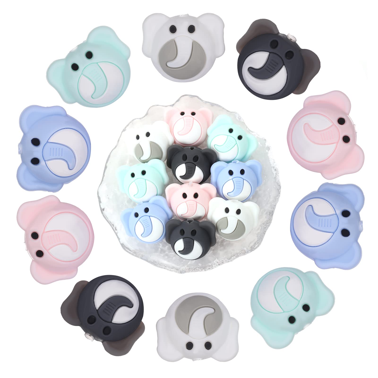 WEWAYSMILE 10pcs Mixed Round Geometry Silicone Beads, Silicone Beads Bulk, Mix Color Rubber Polygonal Beads, for Keychain Making Necklace Bracelet Craft DIY(Elephant)(AG)