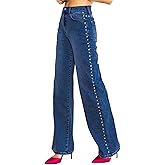 Kedera Women's High Waisted Jeans Stretchy Pearl Beaded Jeans Wide Leg Casual Denim Trousers Y2K Trendy Baggy Pants