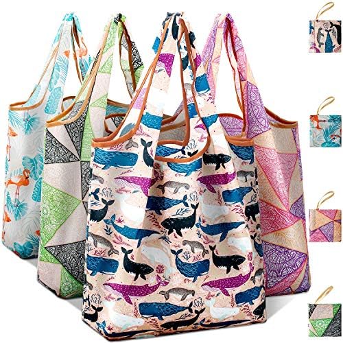 Shopping Bag Storage Bag Nylon Material Ripstop Collapsible Green Pocket Reusable Washable (Mixed, 4)