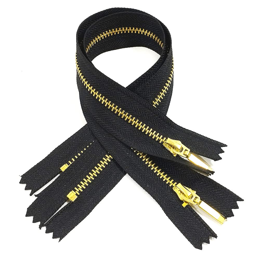 2 Pieces/Pack Zipper Brass Closed 30 cm, Metal Zipper 3#, Zipper for Sewing, Black and Golden, (30cm, 999)