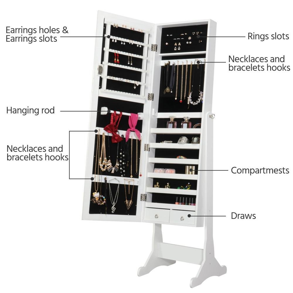 Popamazing Jewellery Cabinet Free Standing Lockable Large Storage Capacity Full Length Mirror Jewelry Armoire 47x38x150.5 cm/18.5x15x59.3’’ (LxWxH)