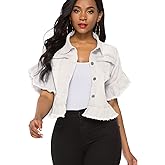 Suvimuga Women's Denim Jacket Button Down Distressed Ruffle Sleeve Crop Jean Jackets Coat