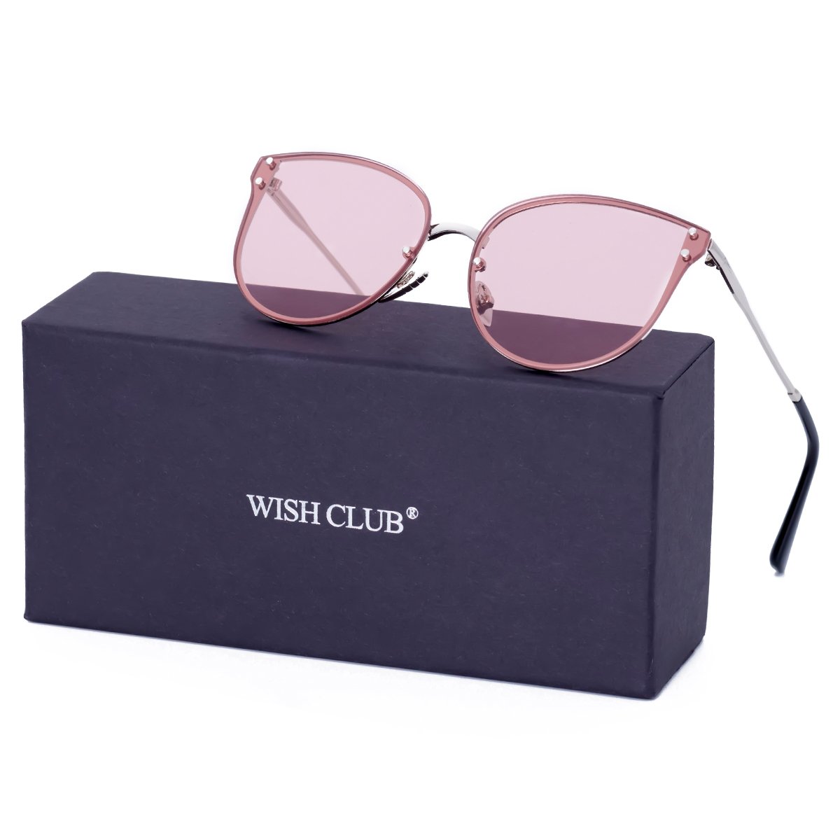 WISH CLUB Women Pink Oversized Cat Eye Sunglasses Designer Rimless Flat Mirrored Lenses Glasses