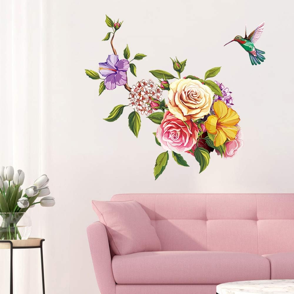ufengke Flowers Wall Stickers Hummingbird Removable Wall Art Decals Wall Decor for Bedroom Office Living Room - Image 3